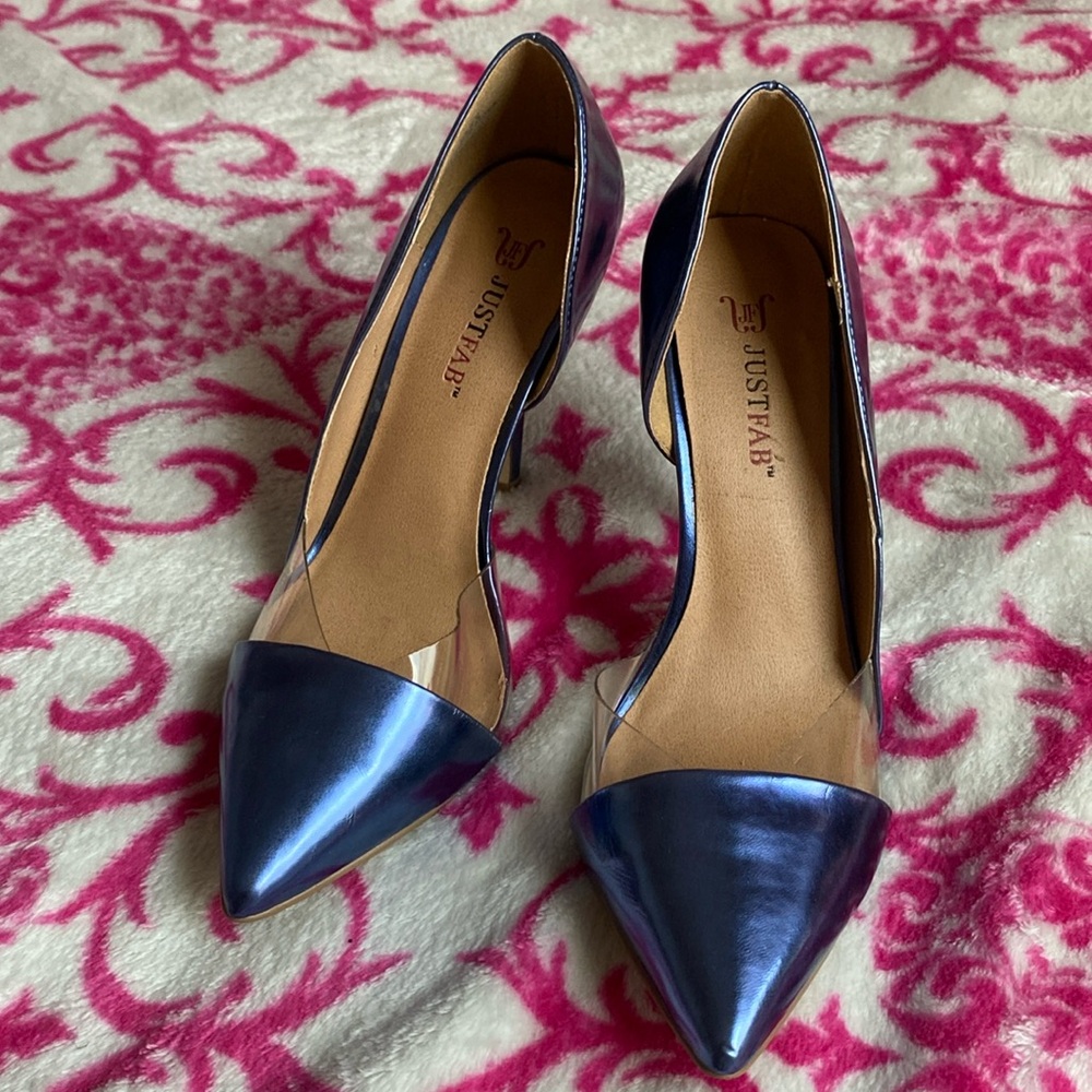 JustFab Blue Metallic Heels with Clear Toe